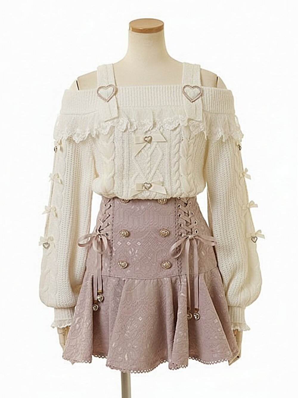 LIZ LISA J-fashion coquette ivory off shoulder heart buckle detail sweater